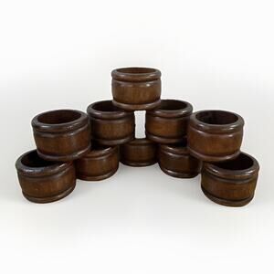 10 Vintage Pier 1 Wood Napkin Rings Ribbed Brown Teak MCM Boho Table Decor Set
